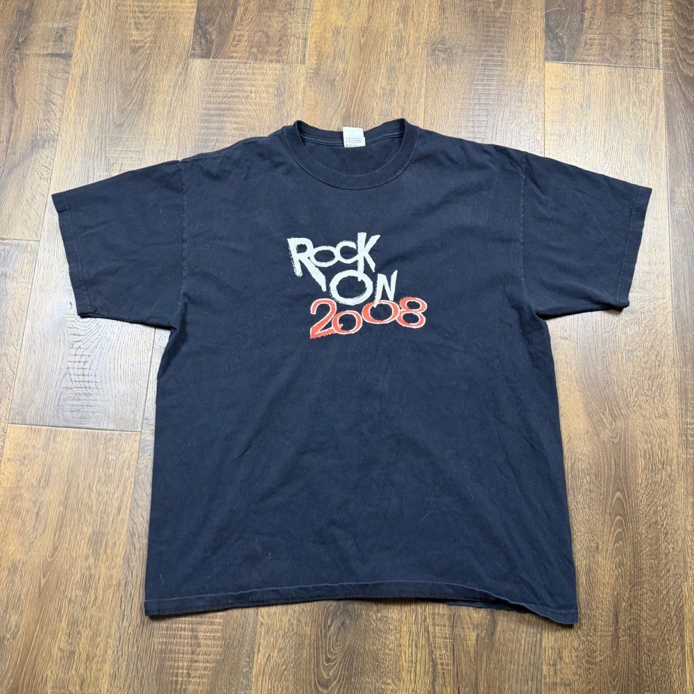 Anvil Rock On 2008 Graphic T-Shirt Mens XL Navy Blue Cotton Short Sleeve Tee